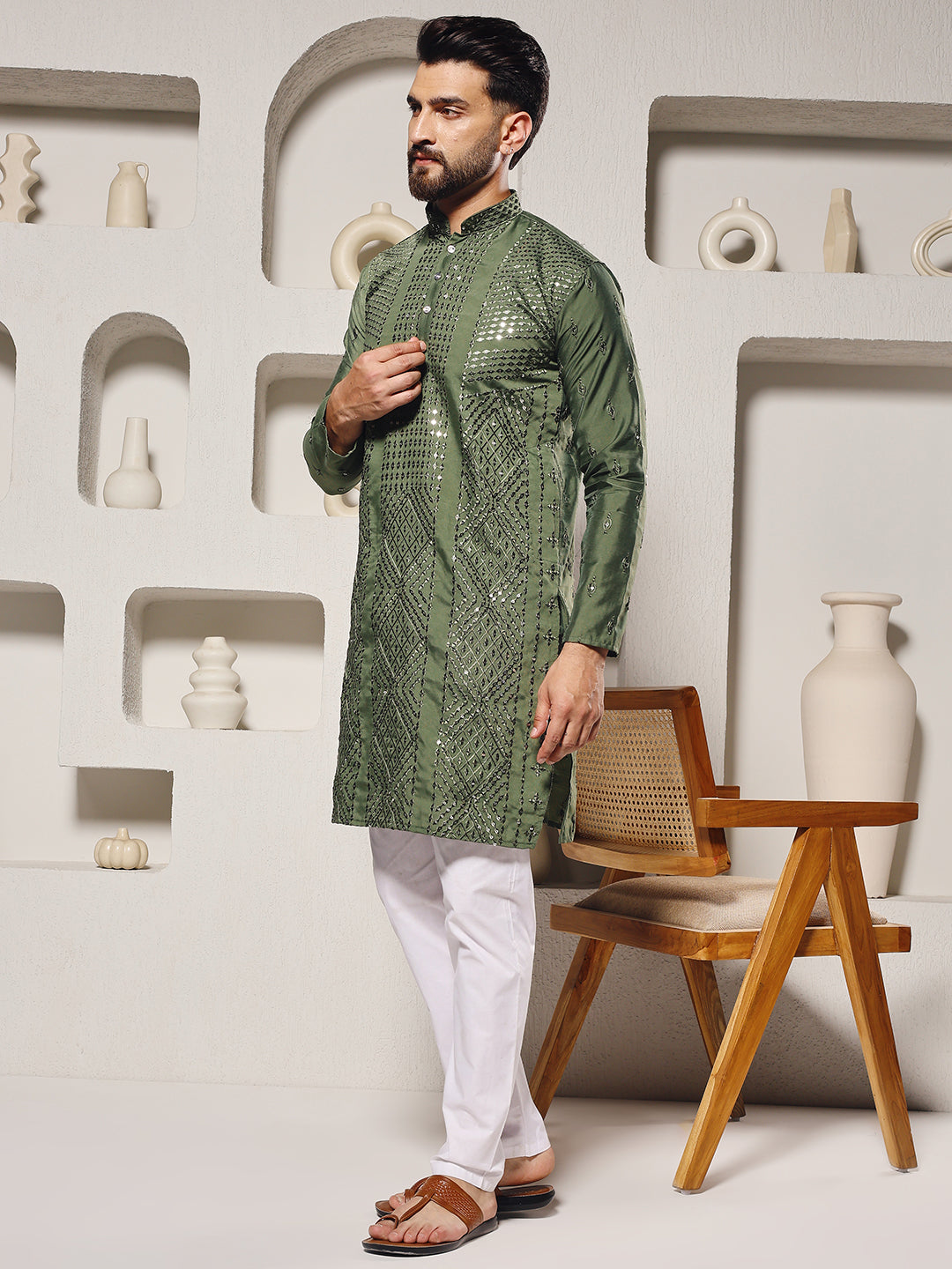 Moss Green Regal Sequins Kurta Set