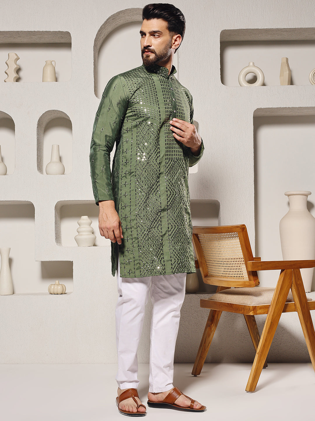 Moss Green Regal Sequins Kurta Set