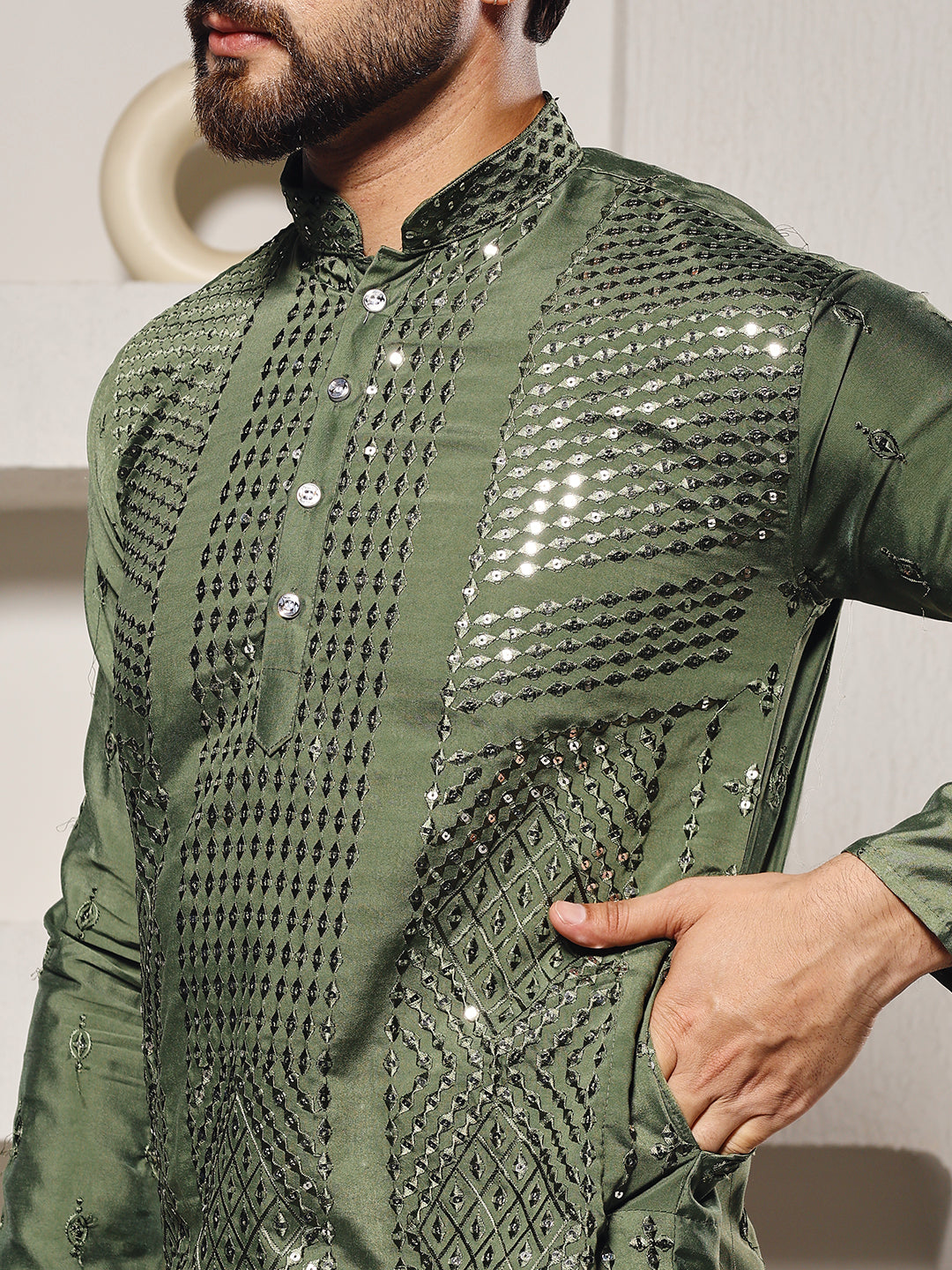 Moss Green Regal Sequins Kurta Set