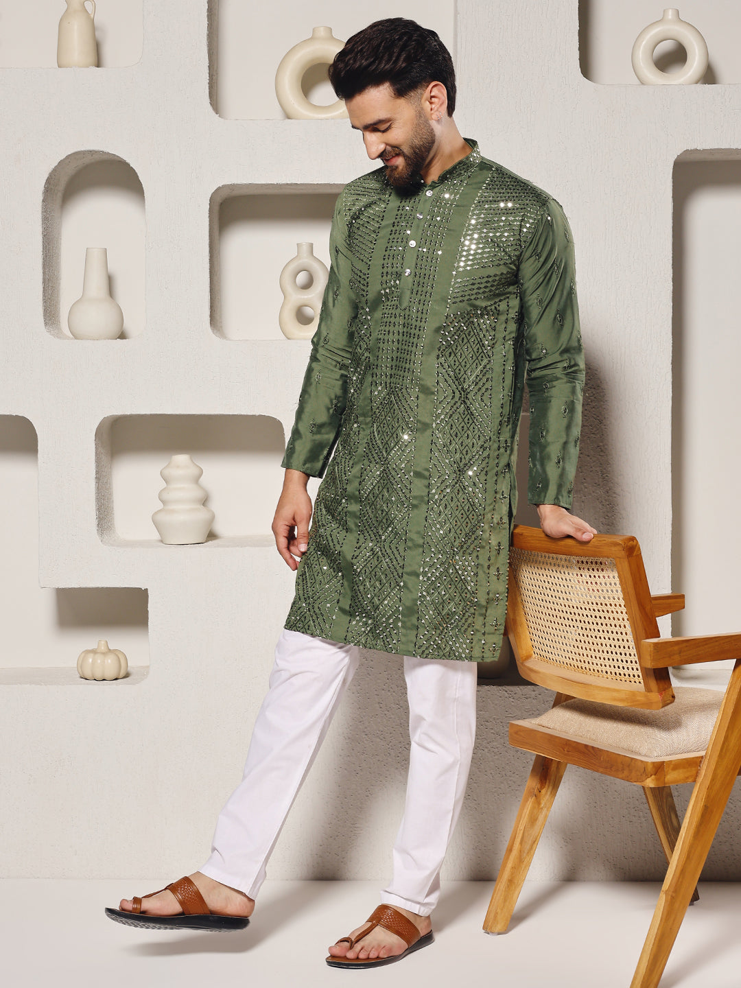Moss Green Regal Sequins Kurta Set