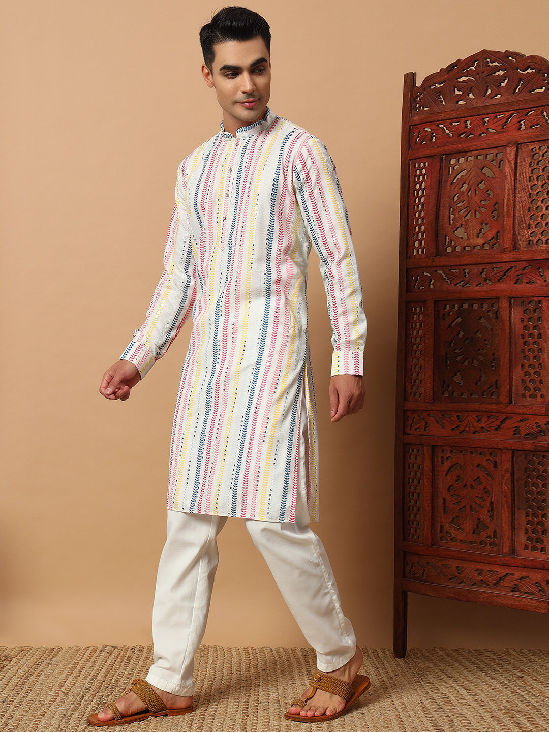 White Multi Colour Mirror Work Kurta Set