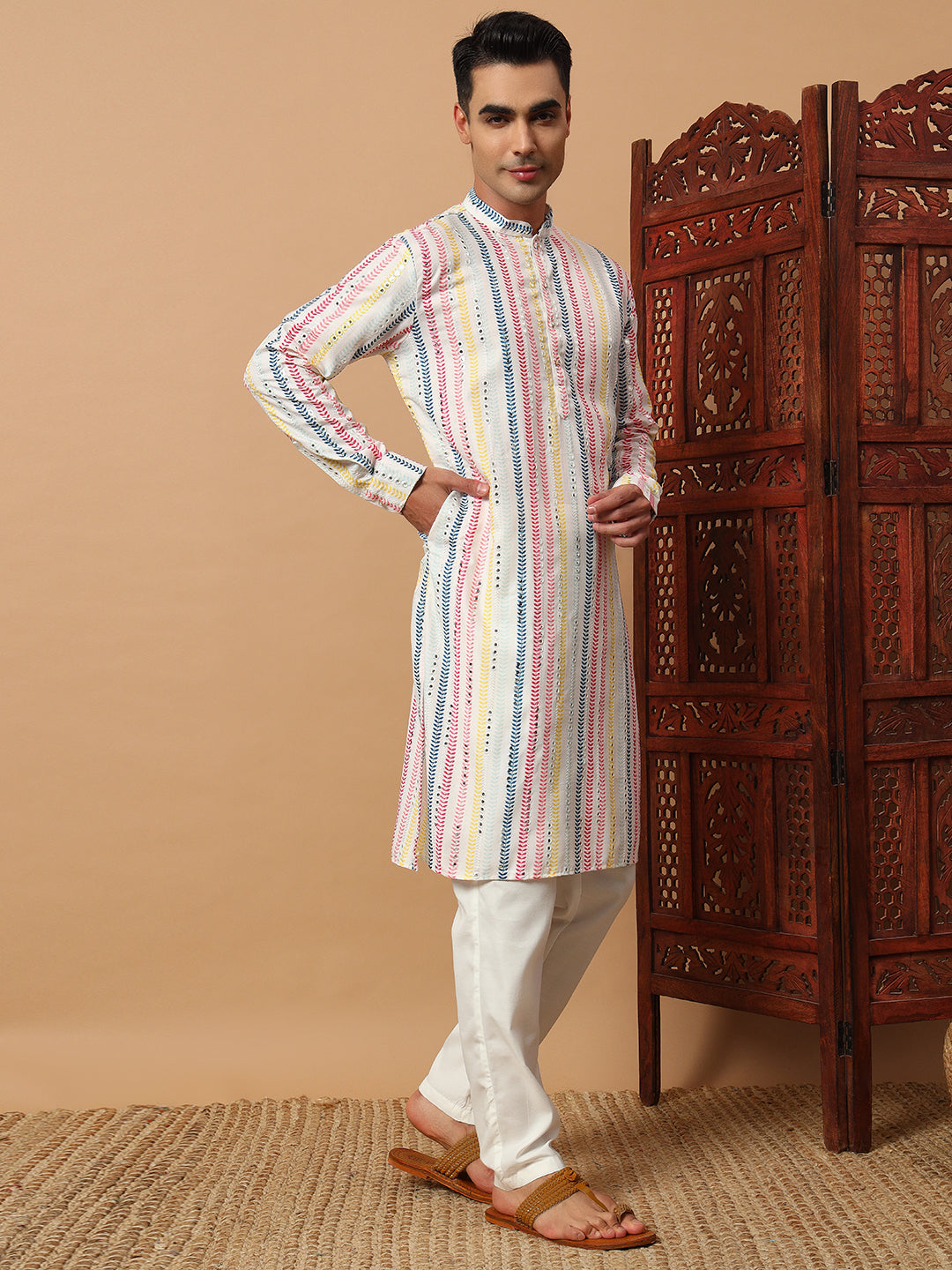 White Multi Colour Mirror Work Kurta Set