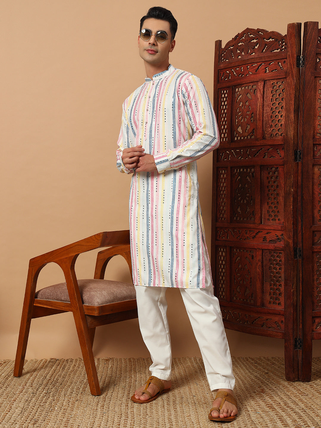 White Multi Colour Mirror Work Kurta Set