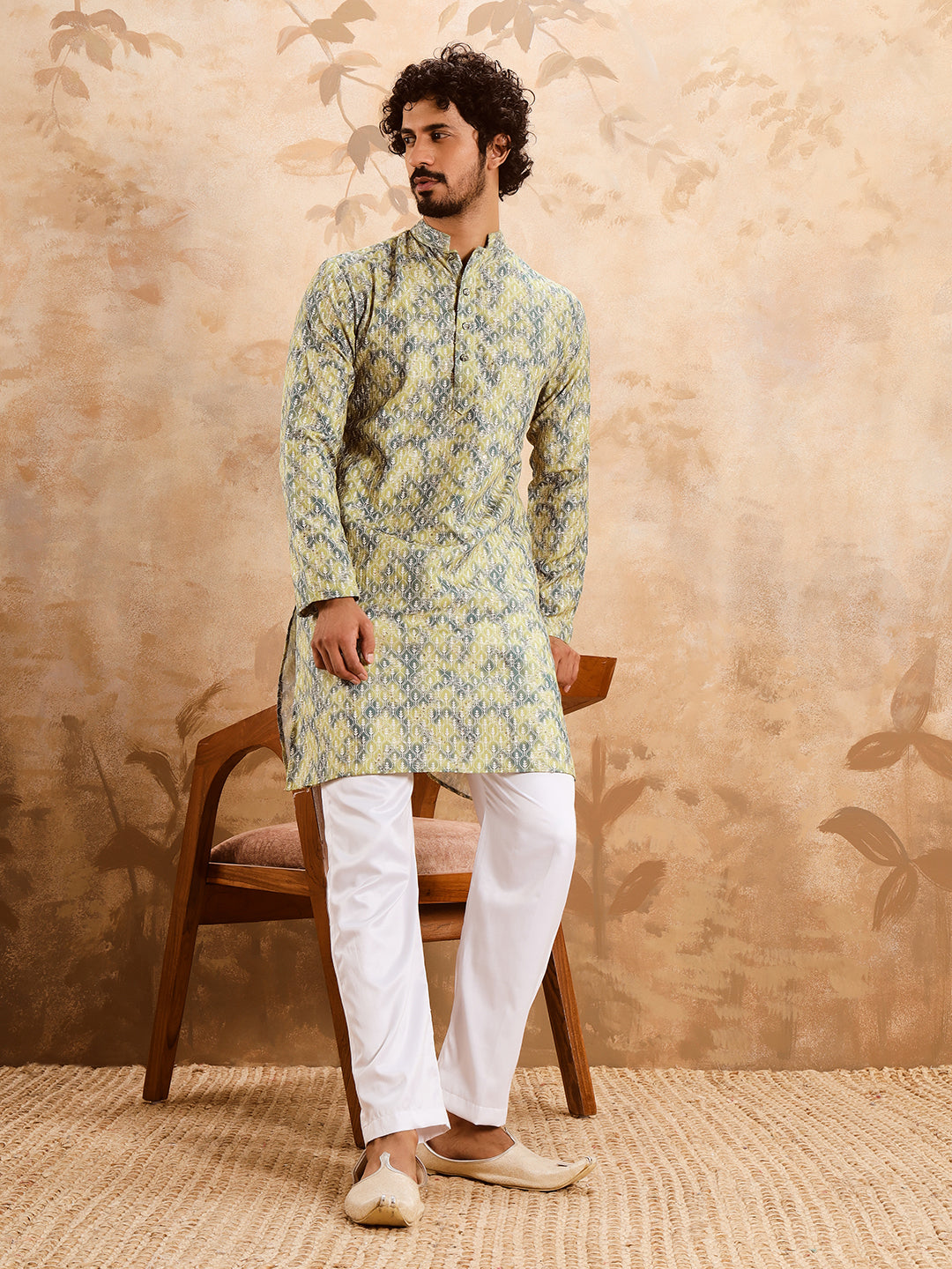 Yellow Green Premium Embroidery Printed Kurta