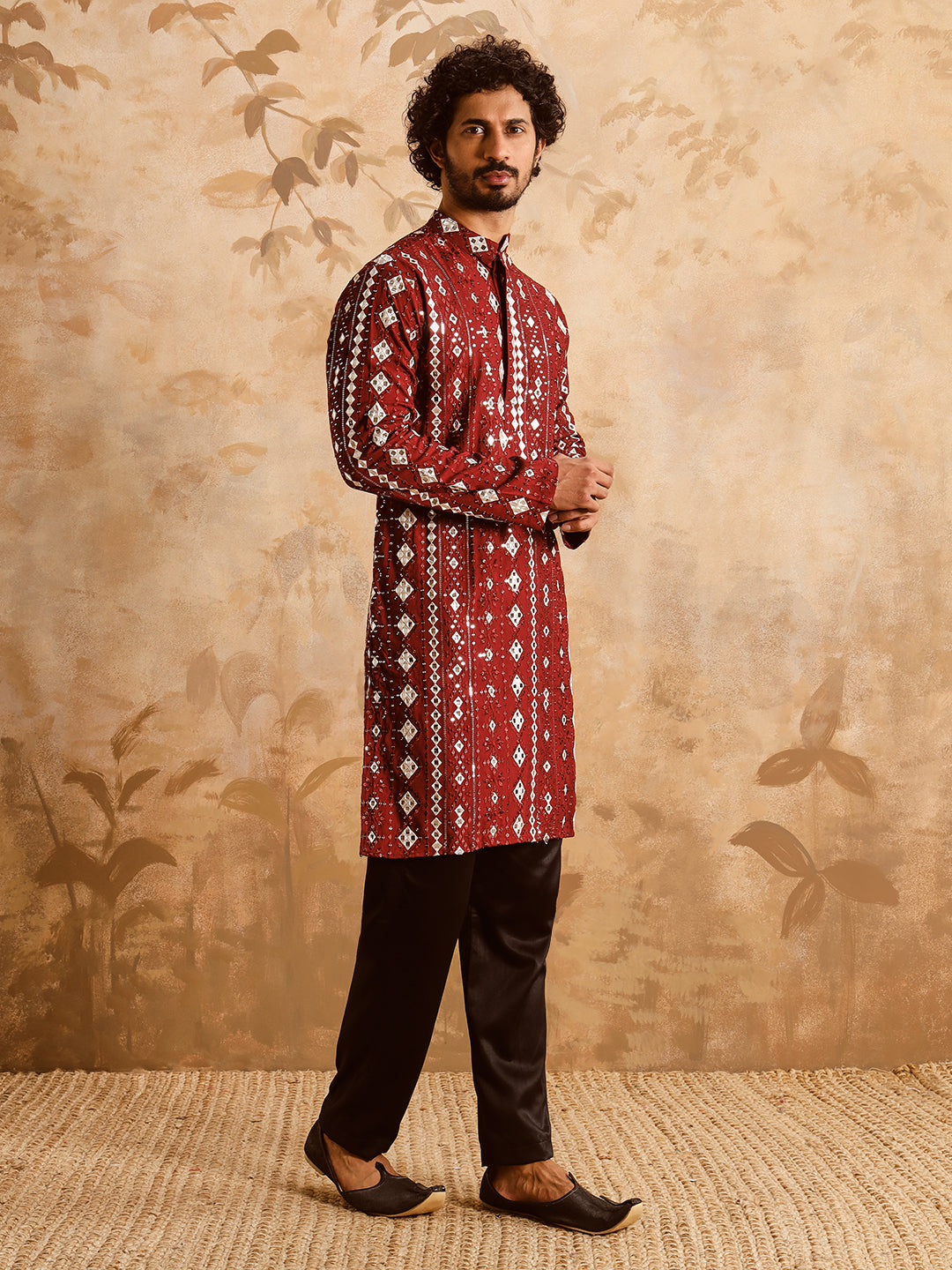 Red Rich Mirror Work Kurta Set