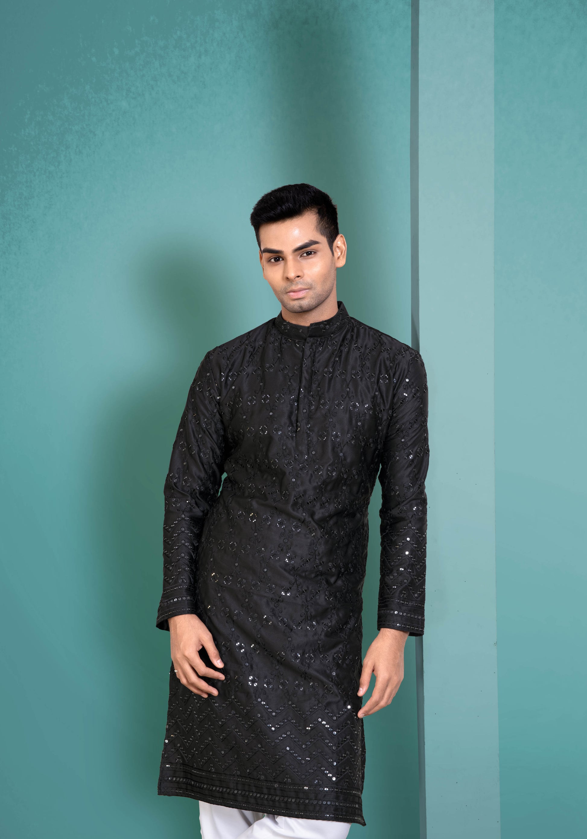 Black Cotton Satin Kurta
