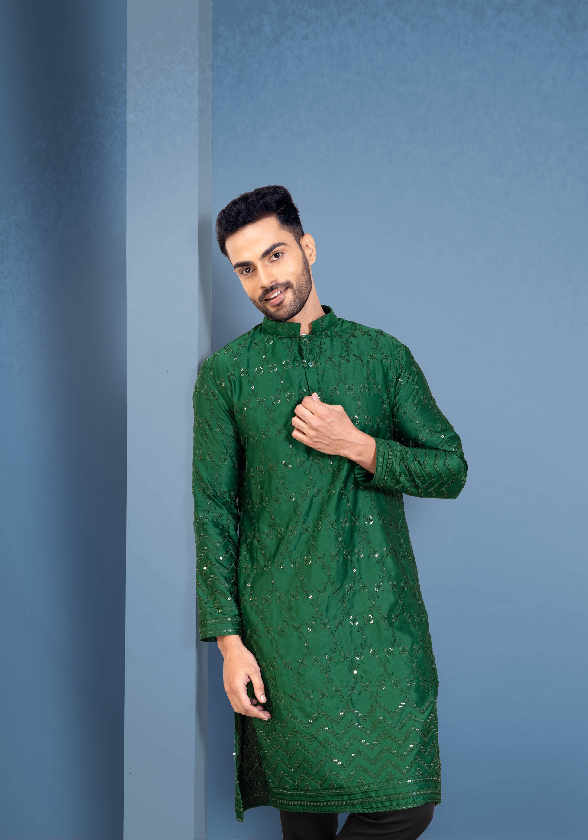 Green Cotton Satin Kurta