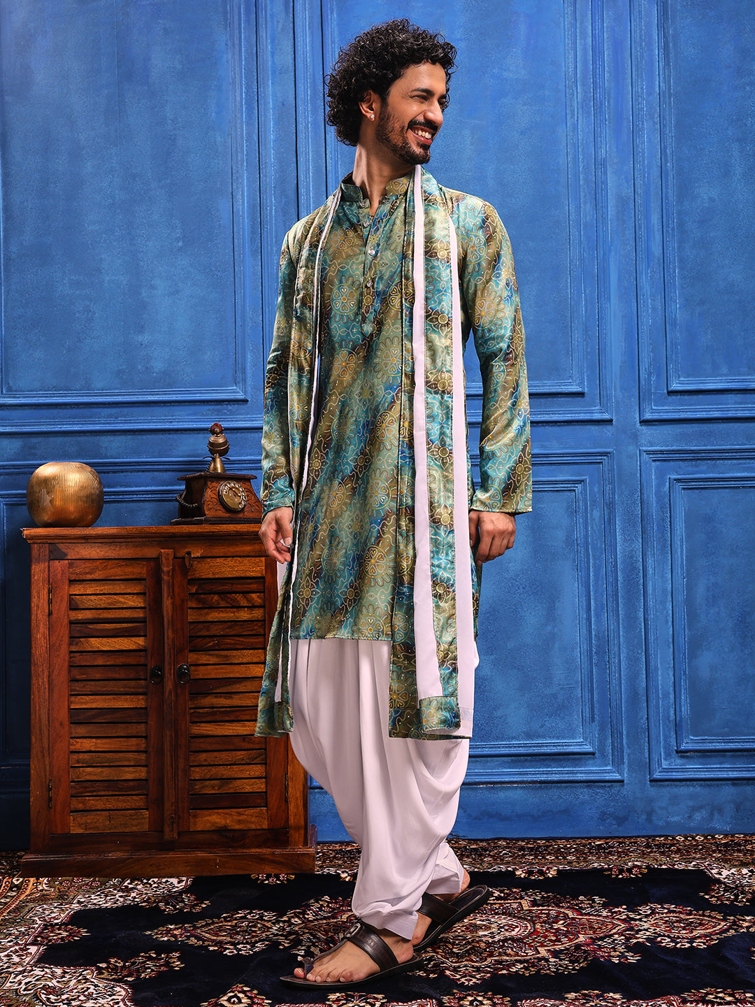 Teal Blue-Seagreen bandhani Printed Kurta Plus Dupatta Set