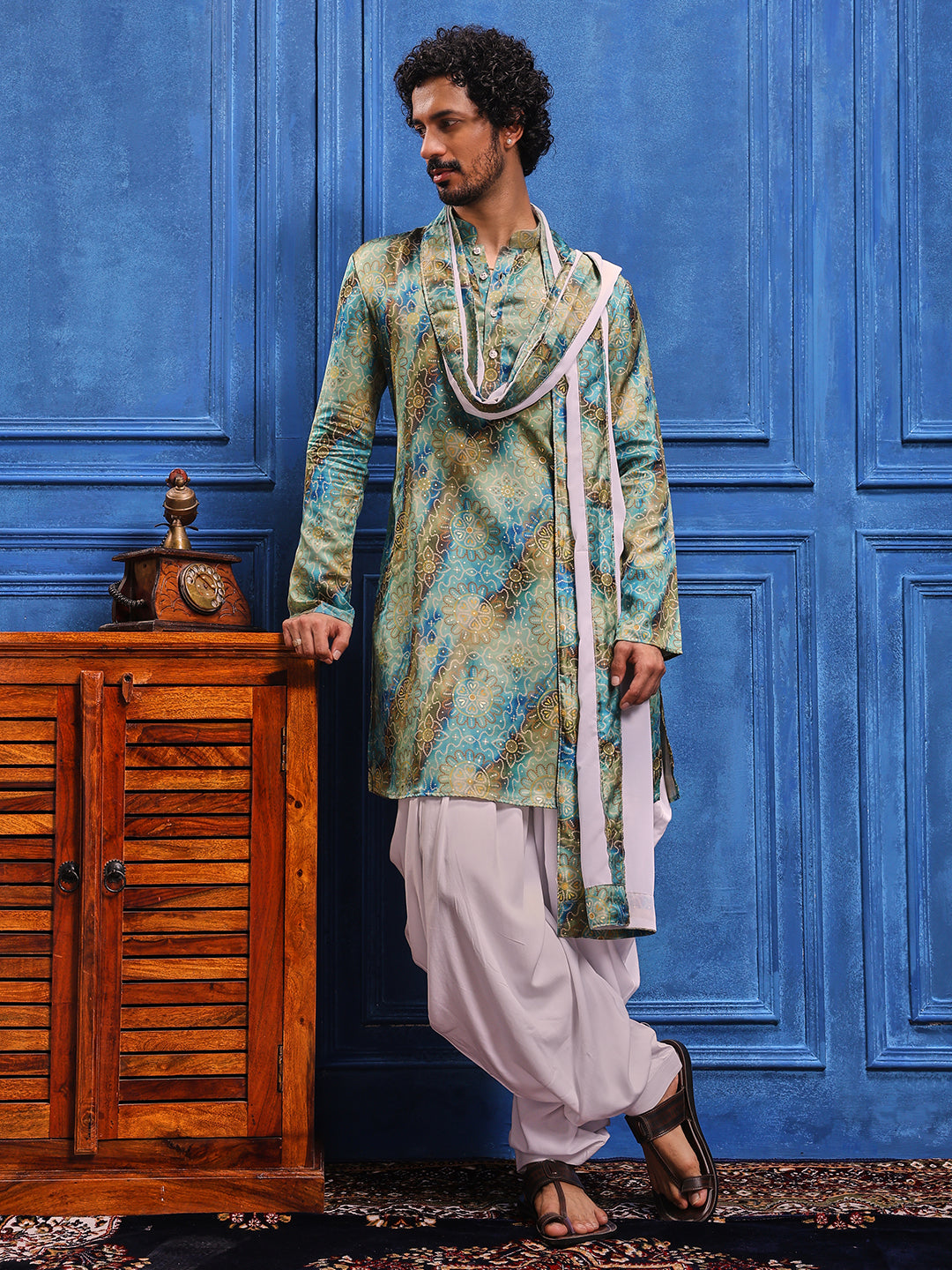 Teal Blue-Seagreen bandhani Printed Kurta Plus Dupatta Set