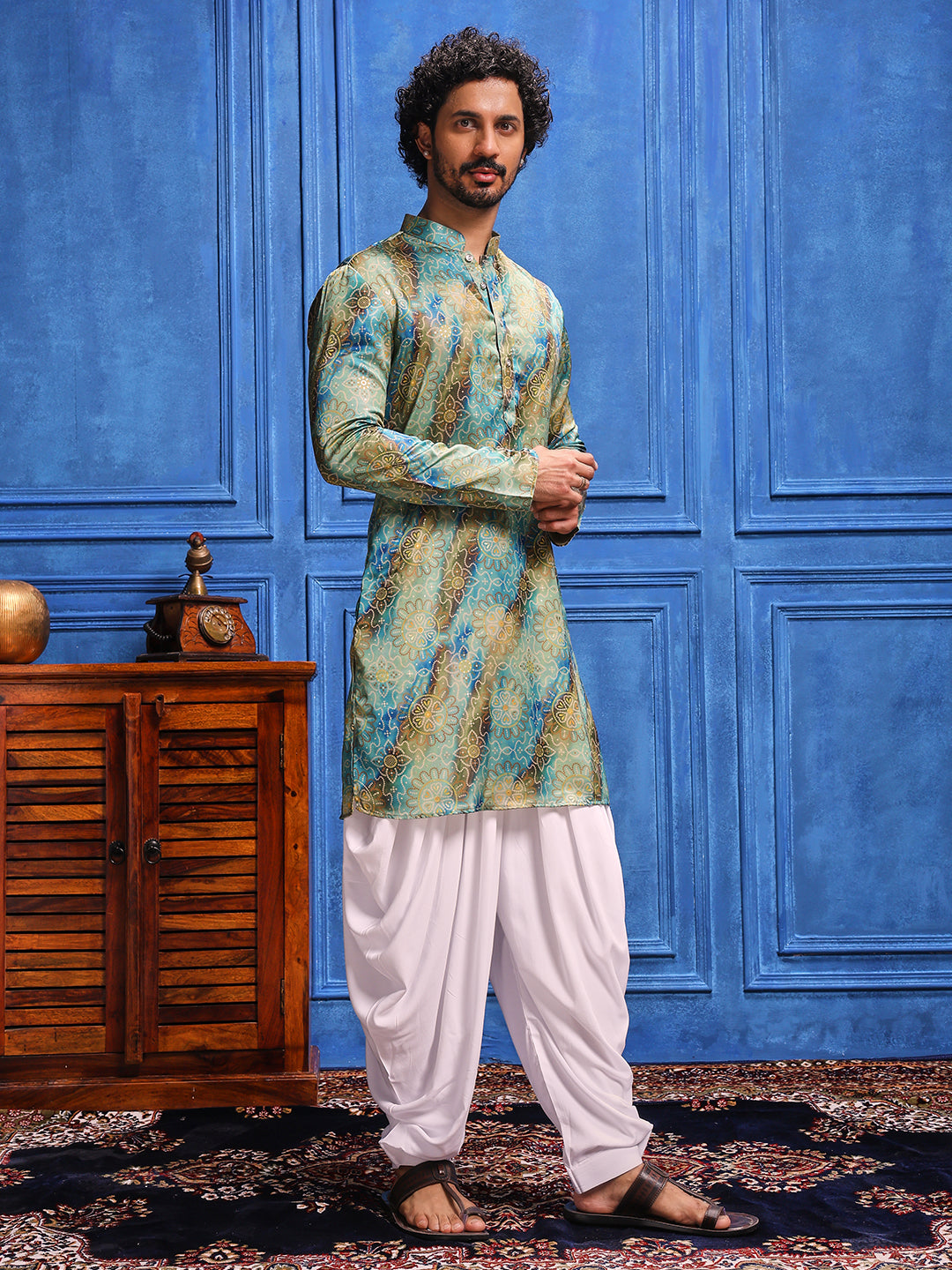 Teal Blue-Seagreen bandhani Printed Kurta Plus Dupatta Set