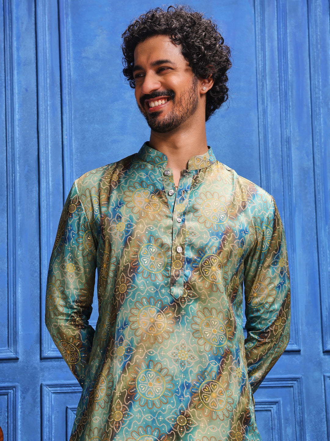 Teal Blue-Seagreen bandhani Printed Kurta Plus Dupatta Set