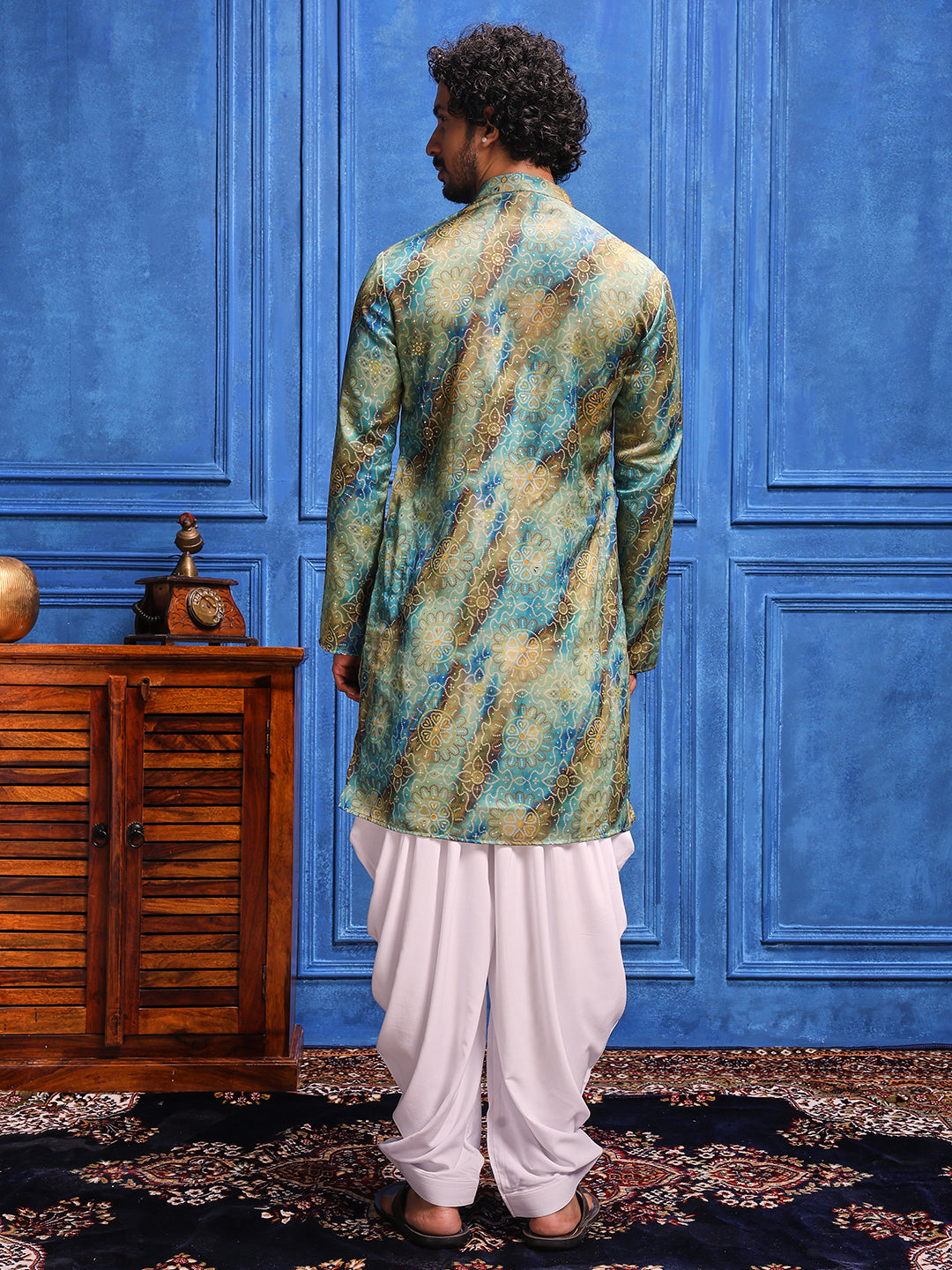 Teal Blue-Seagreen bandhani Printed Kurta Plus Dupatta Set