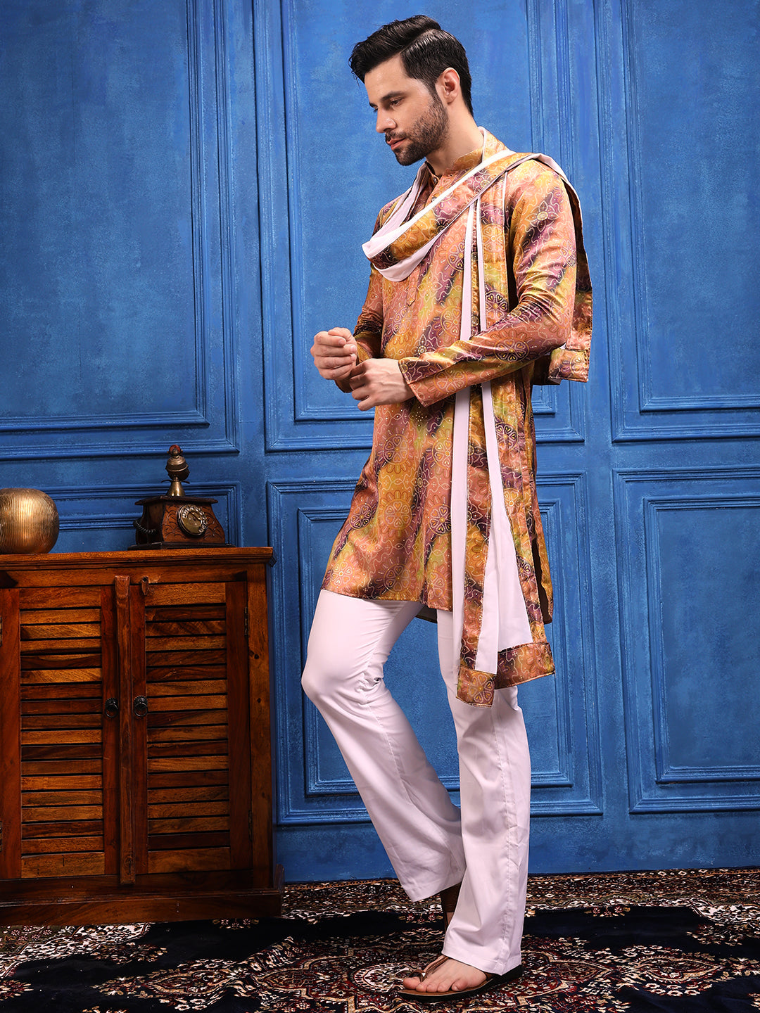 Mustard-Wine bandhani  Printed Kurta Plus Dupatta Set