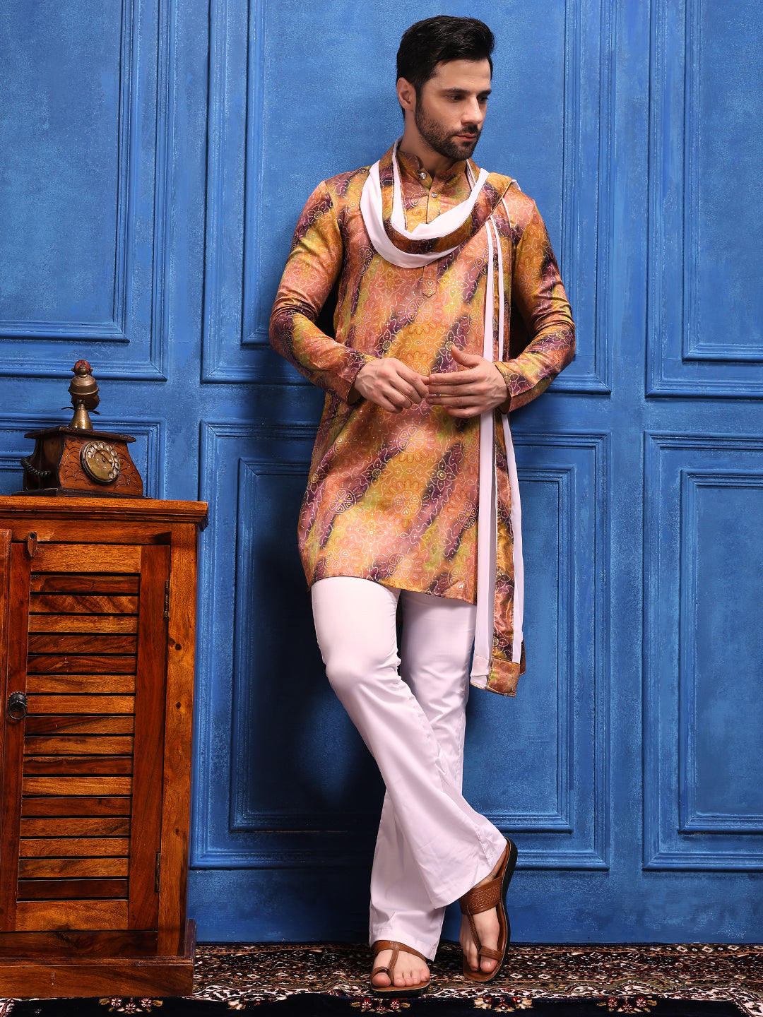 Mustard-Wine bandhani  Printed Kurta Plus Dupatta Set