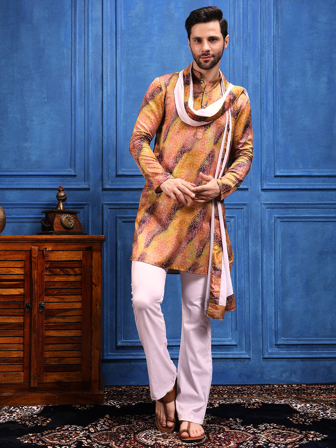 Mustard-Wine bandhani  Printed Kurta Plus Dupatta Set