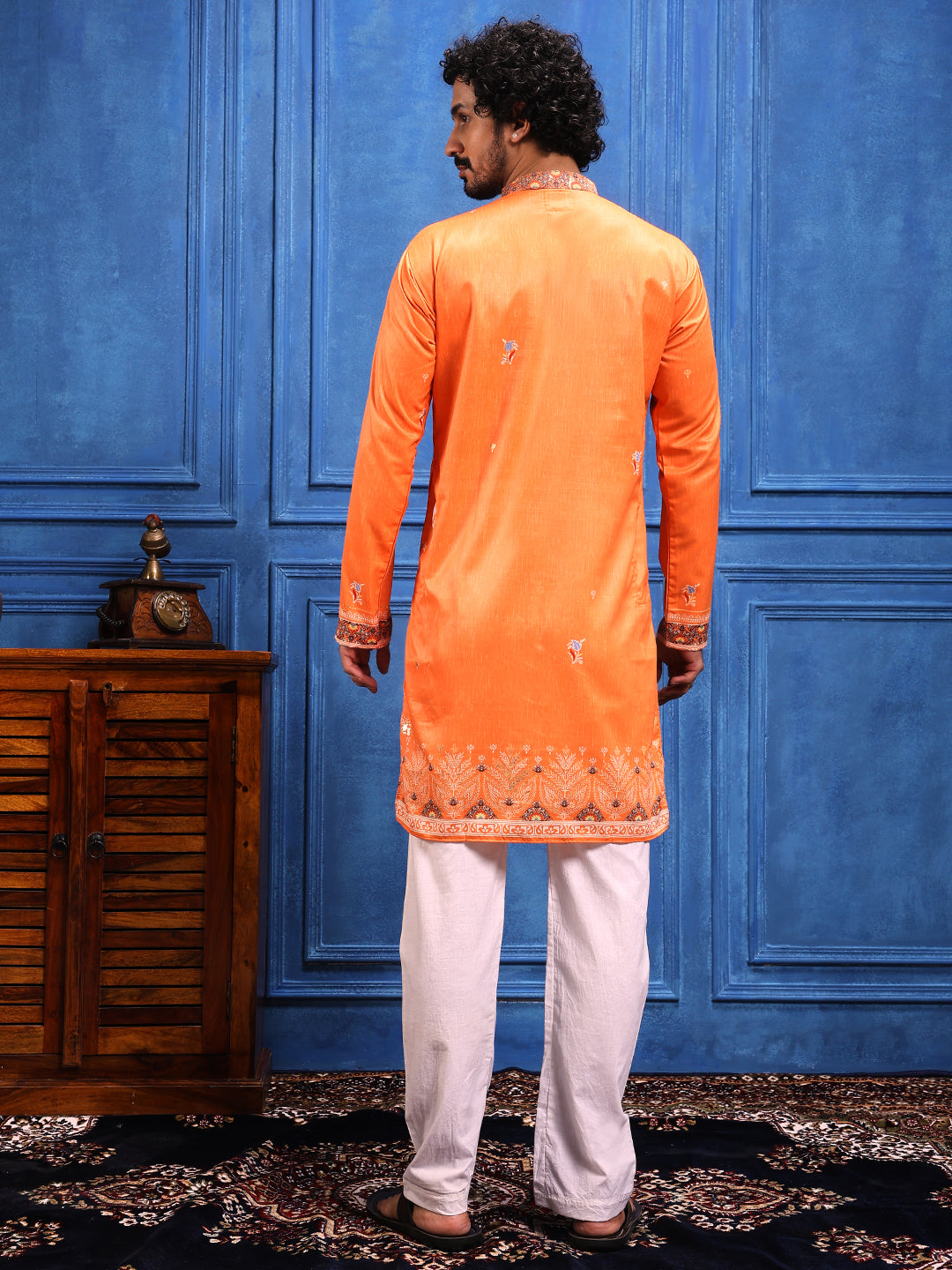 Fire Orange Foil Print On Cotton Satin Kurta