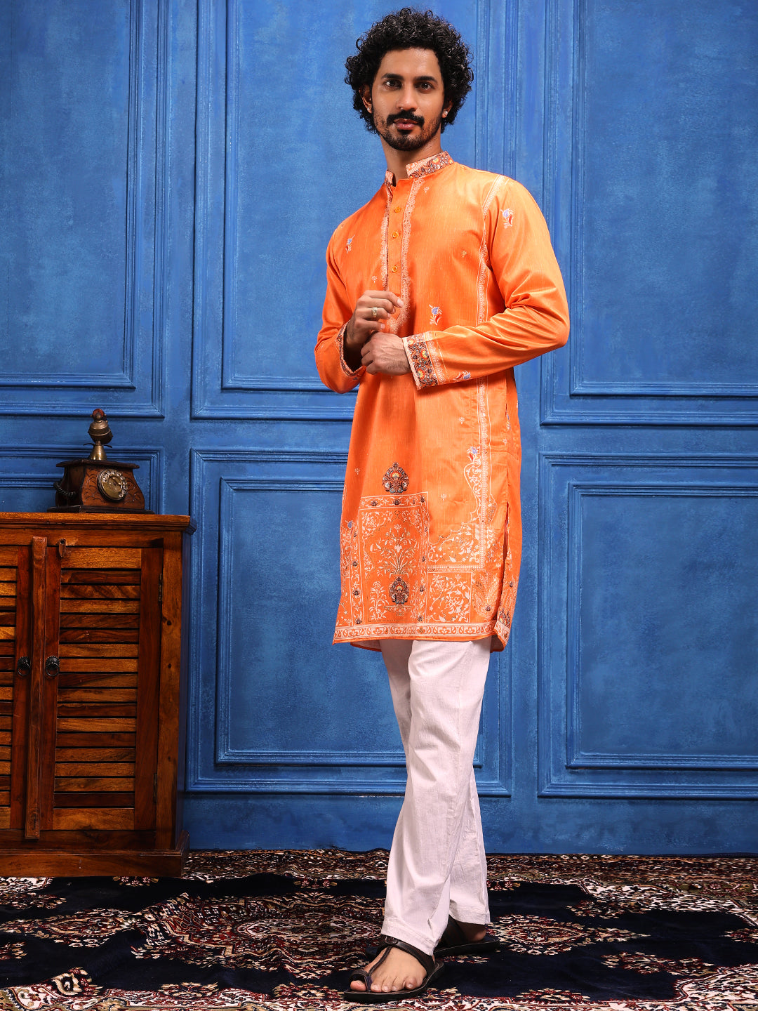 Fire Orange Foil Print On Cotton Satin Kurta