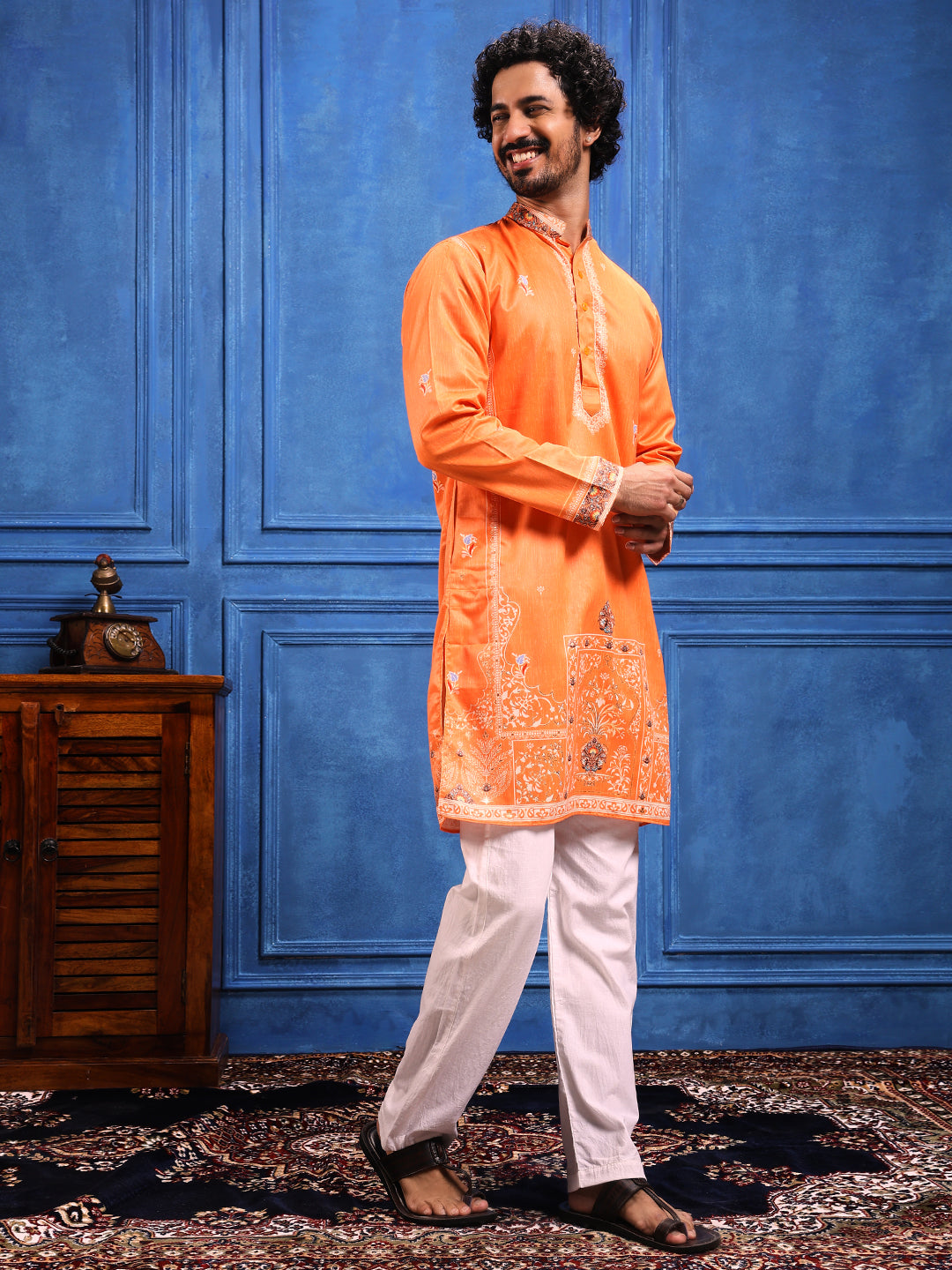 Fire Orange Foil Print On Cotton Satin Kurta