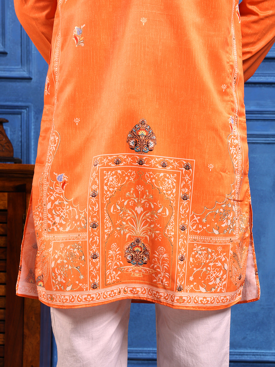 Fire Orange Foil Print On Cotton Satin Kurta