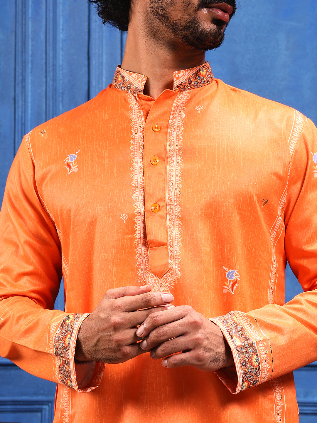 Fire Orange Foil Print On Cotton Satin Kurta