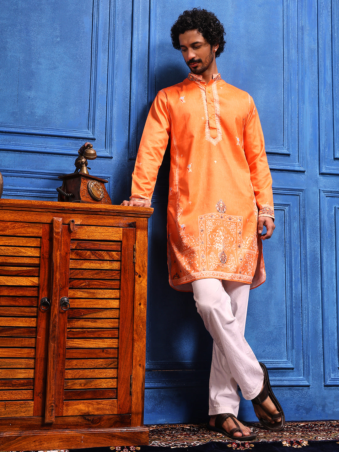 Fire Orange Foil Print On Cotton Satin Kurta