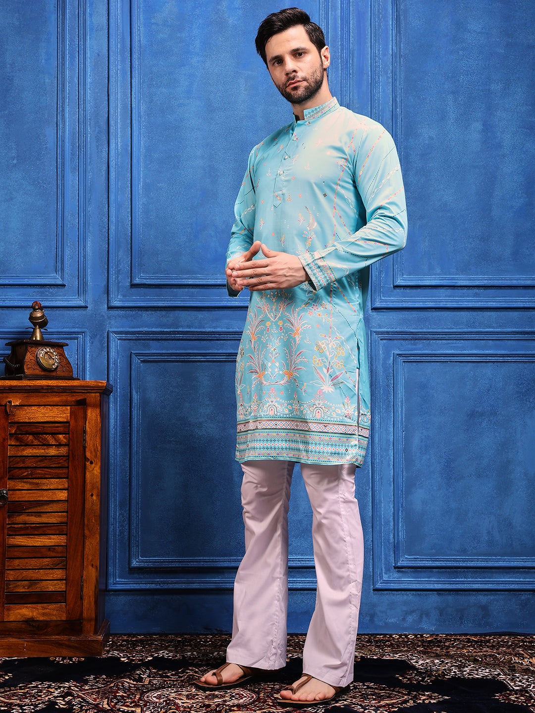 Sky Blue Foil Print On Cotton Kurta