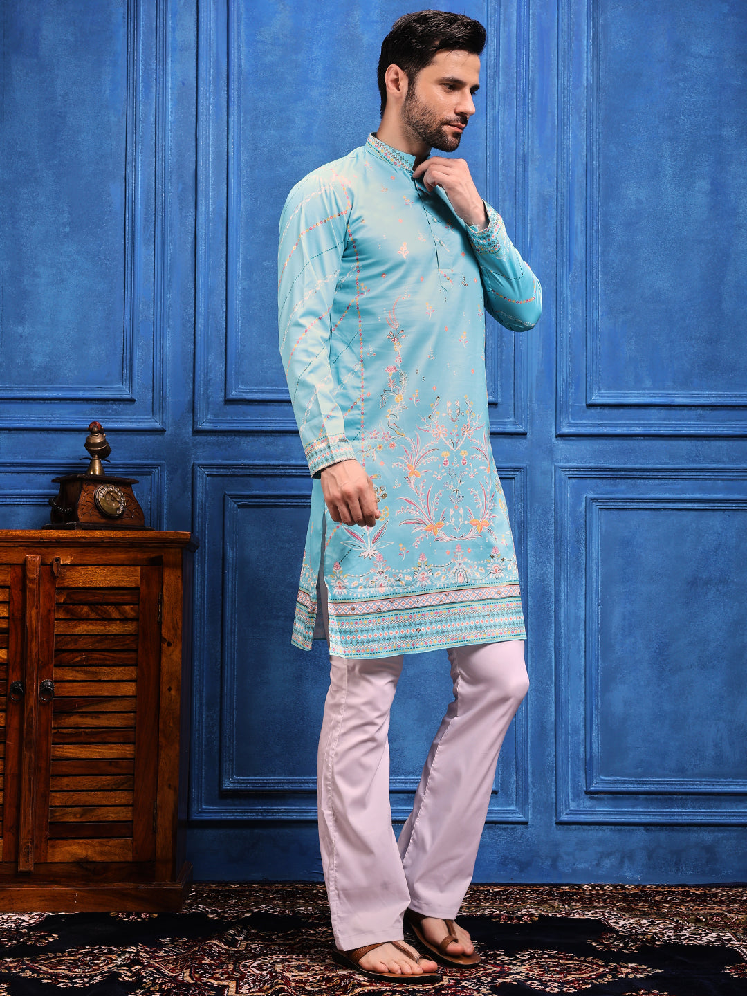 Sky Blue Foil Print On Cotton Kurta
