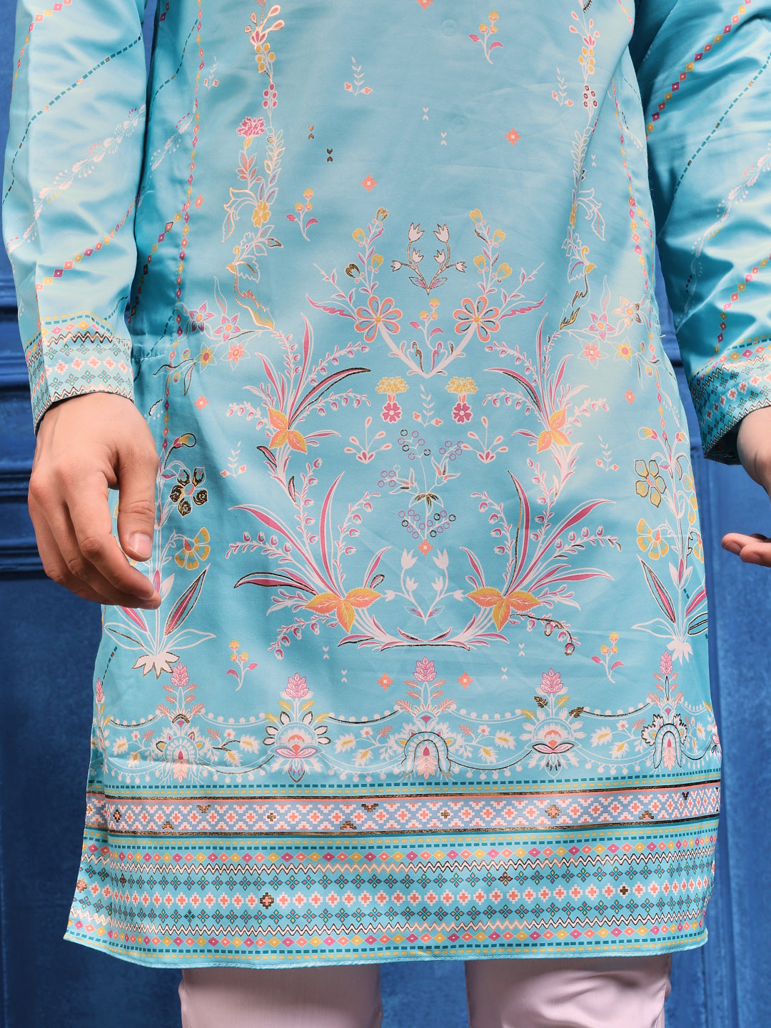 Sky Blue Foil Print On Cotton Kurta
