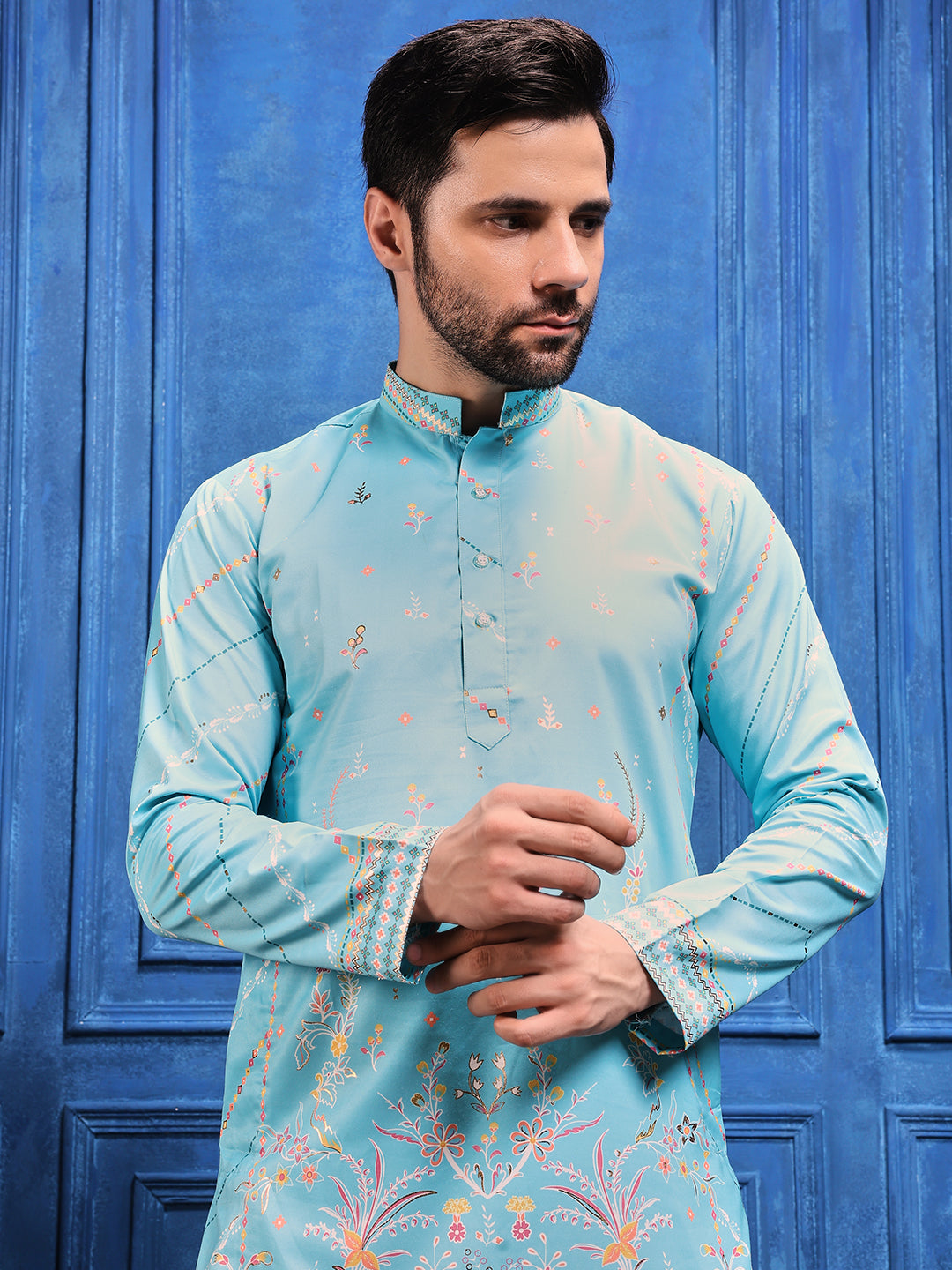 Sky Blue Foil Print On Cotton Kurta