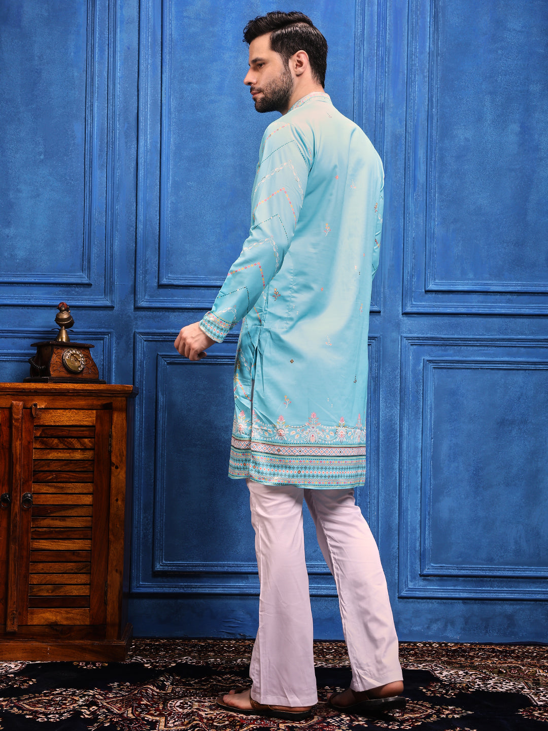 Sky Blue Foil Print On Cotton Kurta