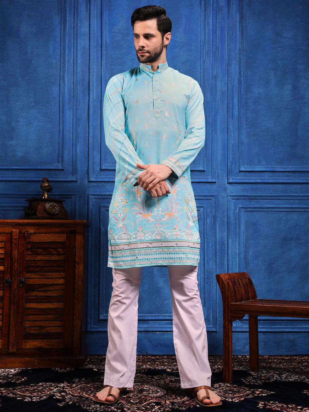 Sky Blue Foil Print On Cotton Kurta