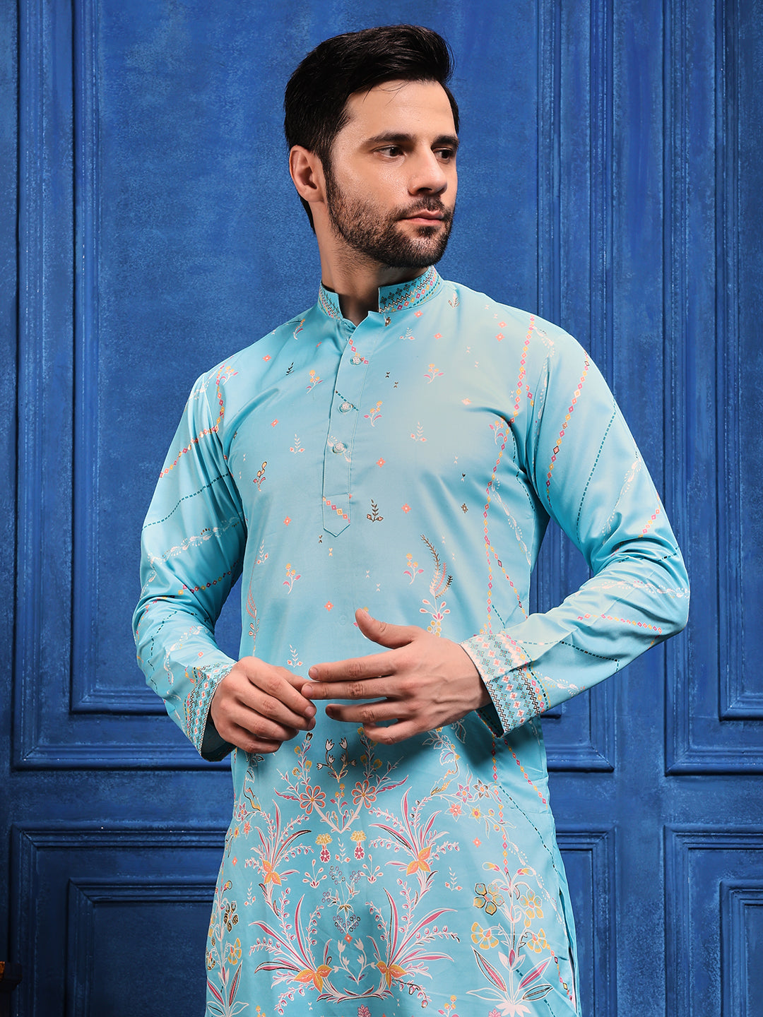 Sky Blue Foil Print On Cotton Kurta