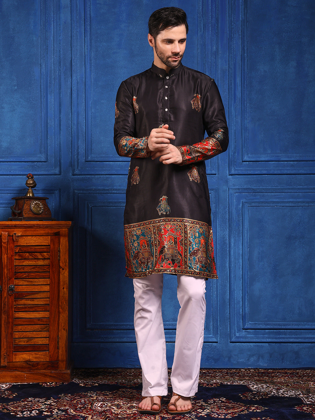 Black Foil Printed Cotton Linen Kurta Set