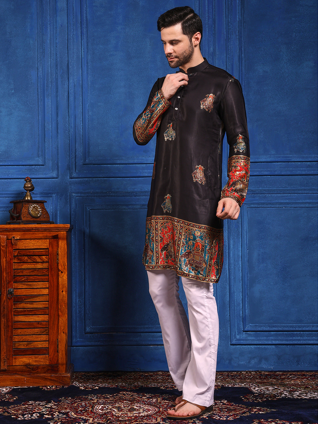 Black Foil Printed Cotton Linen Kurta Set