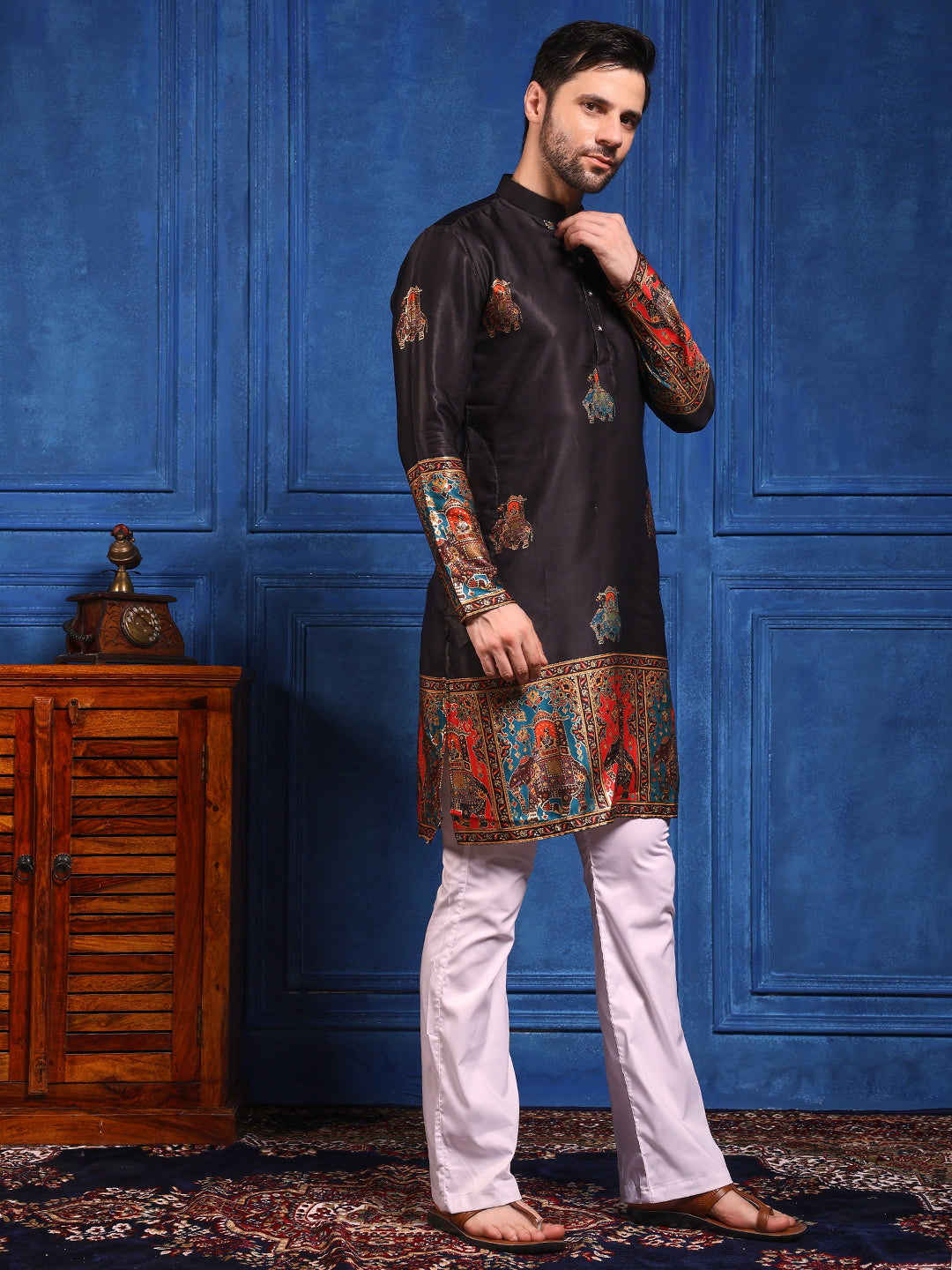 Black Foil Printed Cotton Linen Kurta Set