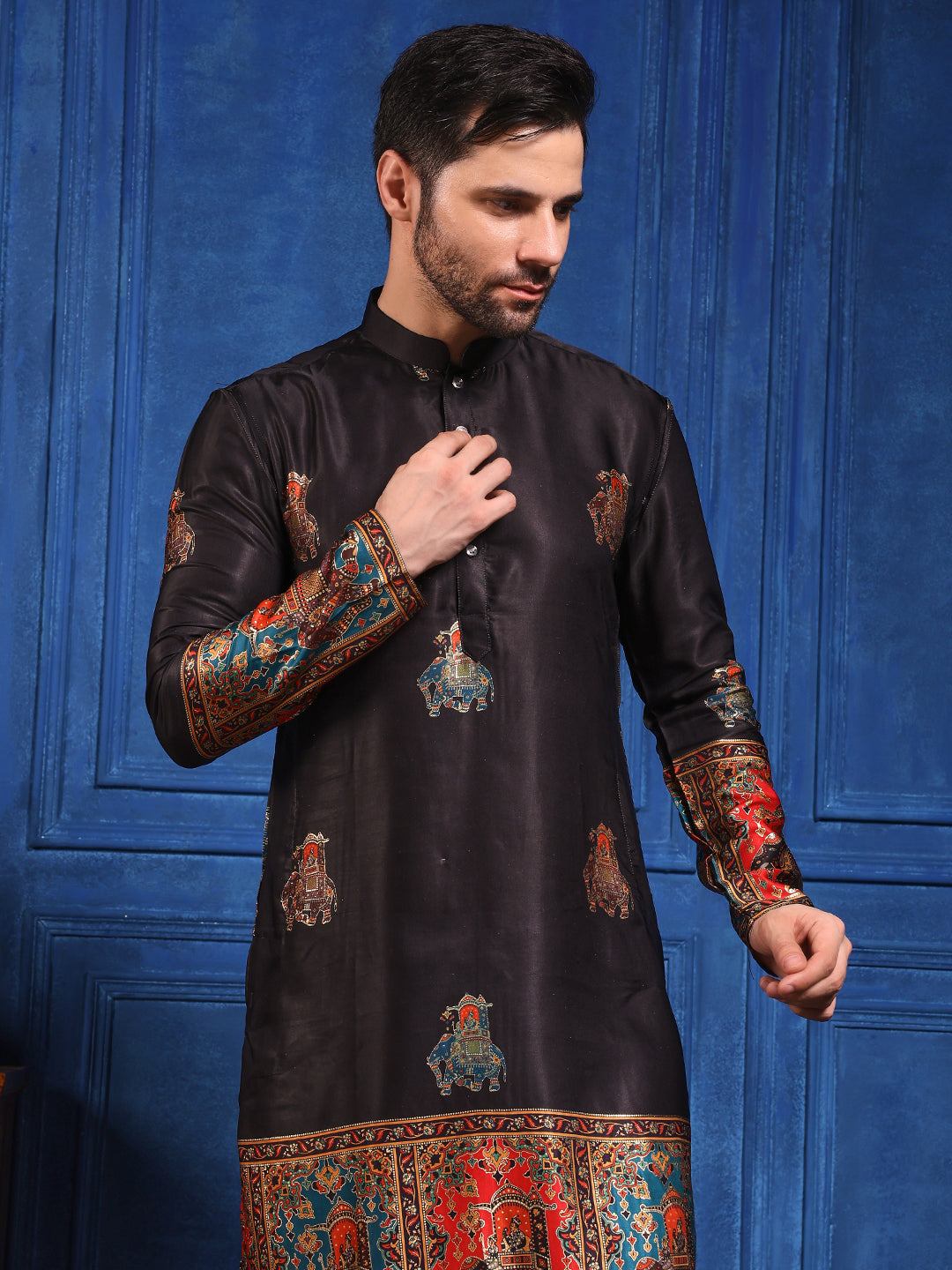 Black Foil Printed Cotton Linen Kurta Set