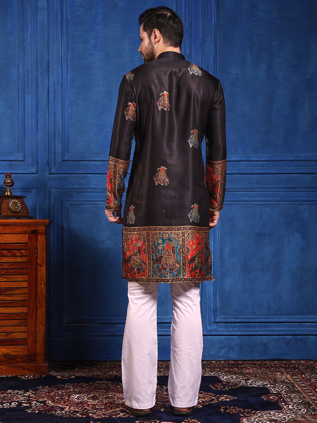 Black Foil Printed Cotton Linen Kurta Set
