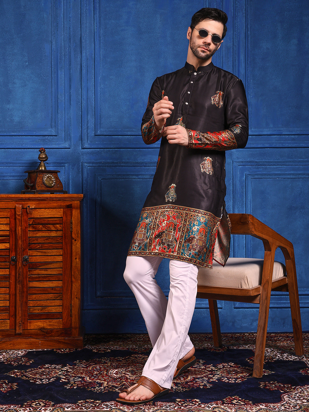 Black Foil Printed Cotton Linen Kurta Set