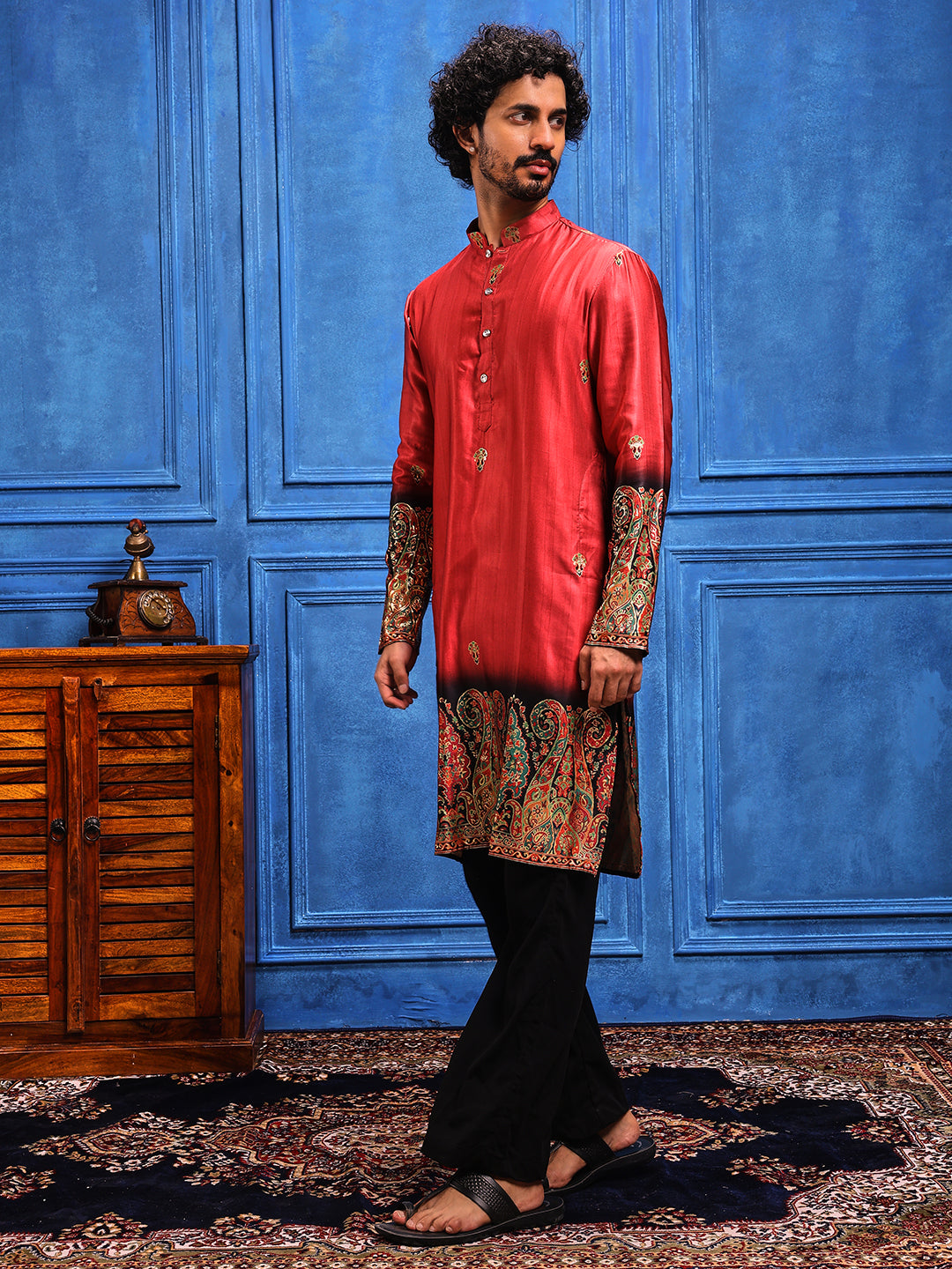 Rani Pink Foil Printed Cotton Linen Kurta Set