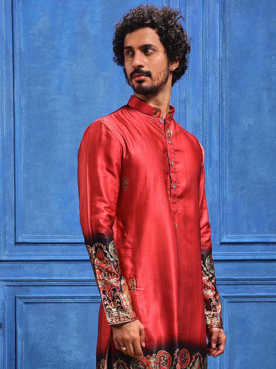 Rani Pink Foil Printed Cotton Linen Kurta Set