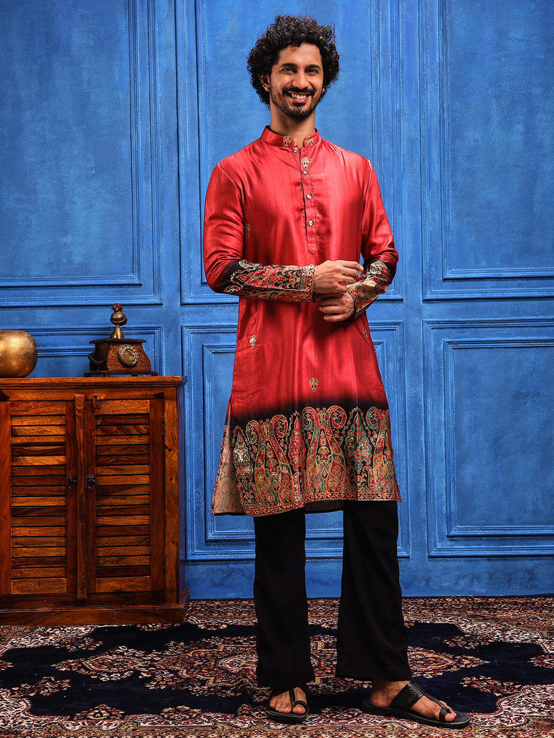 Rani Pink Foil Printed Cotton Linen Kurta Set