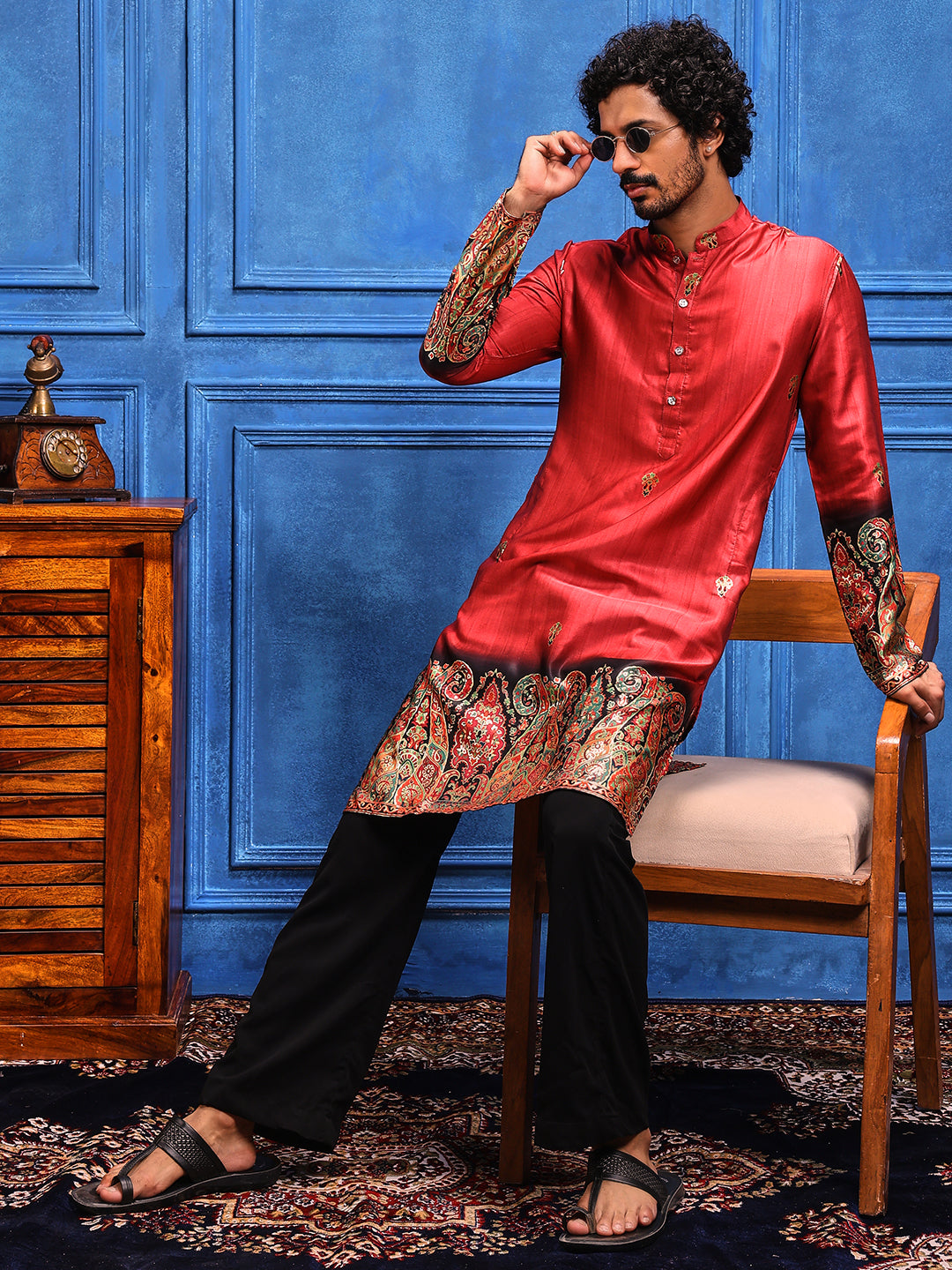 Rani Pink Foil Printed Cotton Linen Kurta Set