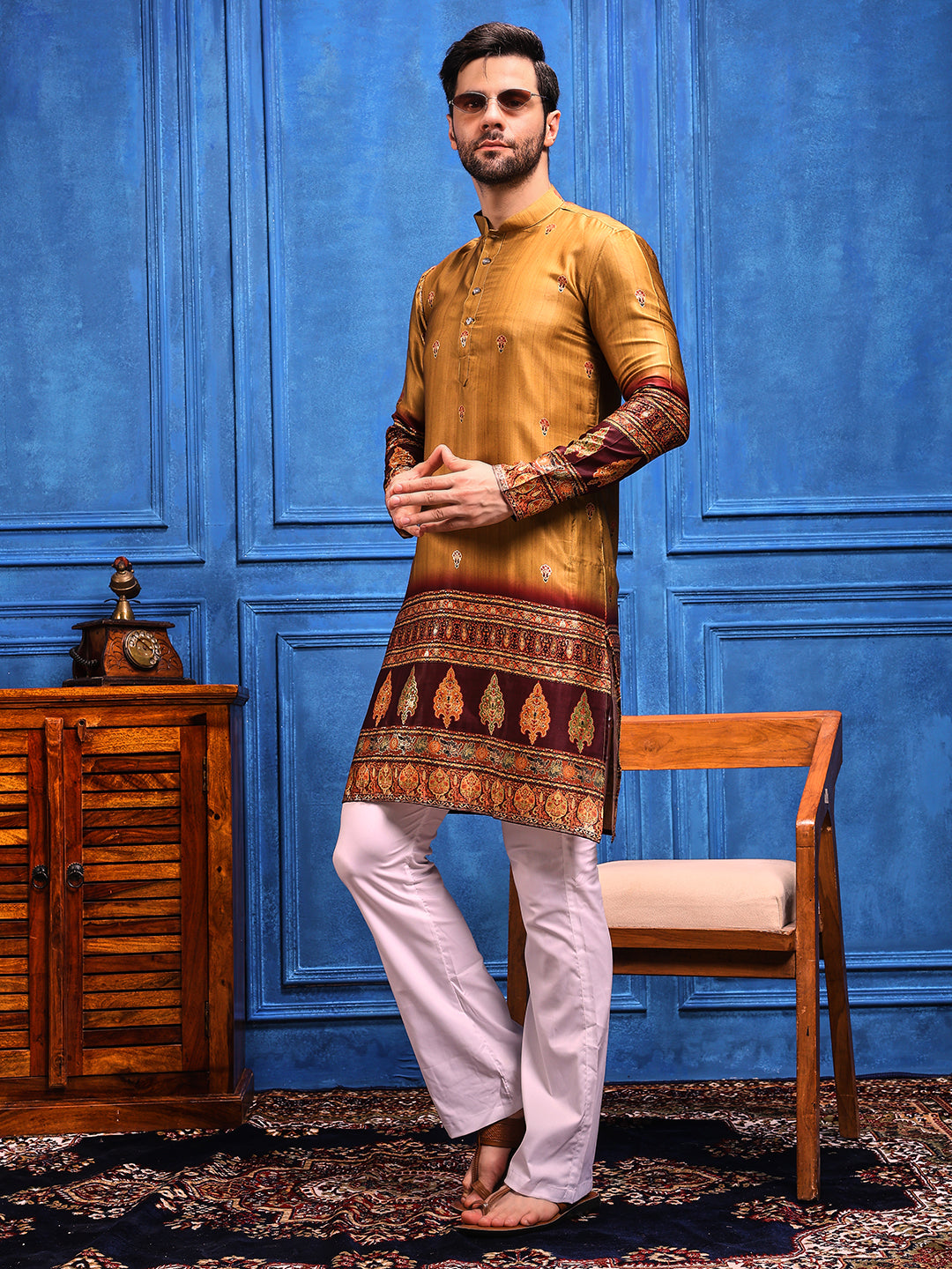Rustic Mustard Foil Printed Cotton Linen Kurta Set