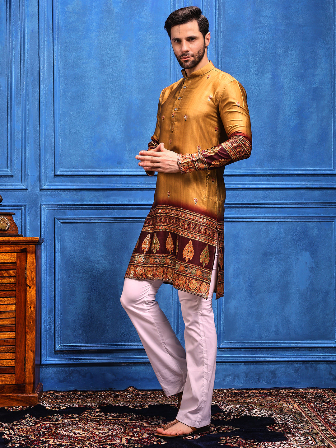 Rustic Mustard Foil Printed Cotton Linen Kurta Set
