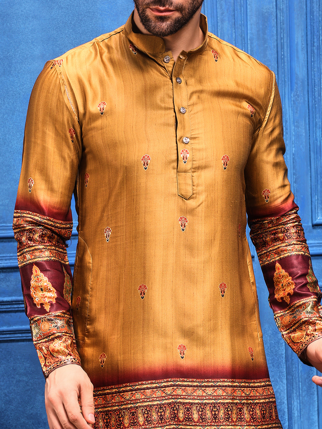 Rustic Mustard Foil Printed Cotton Linen Kurta Set
