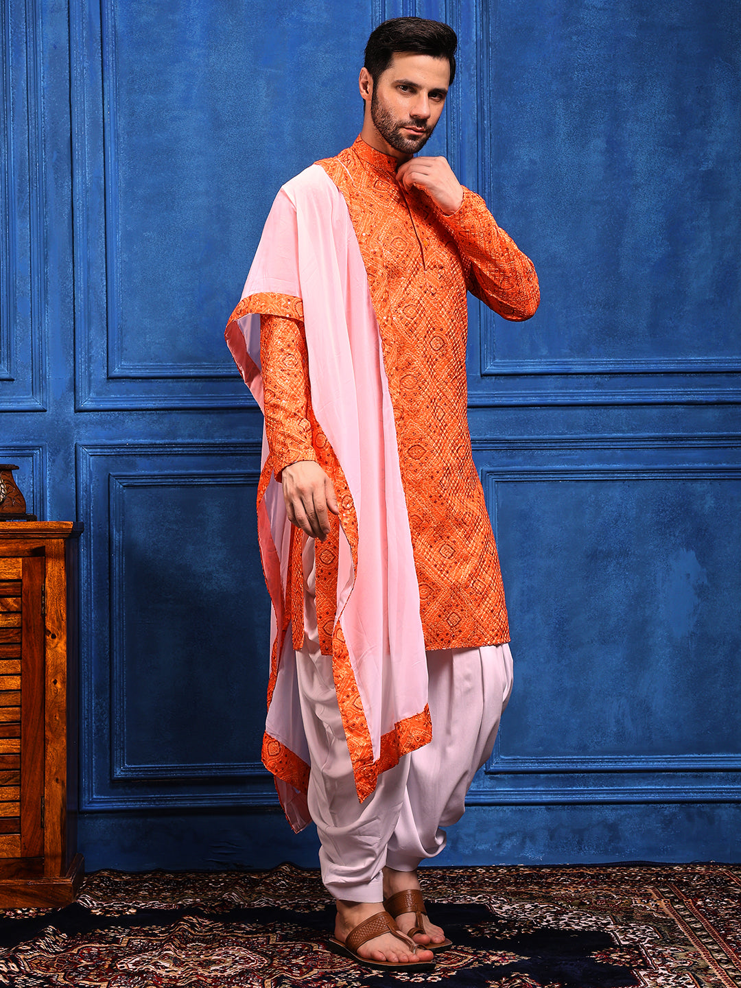Orange Bandhani Printed Kurta Plus Dupatta Set