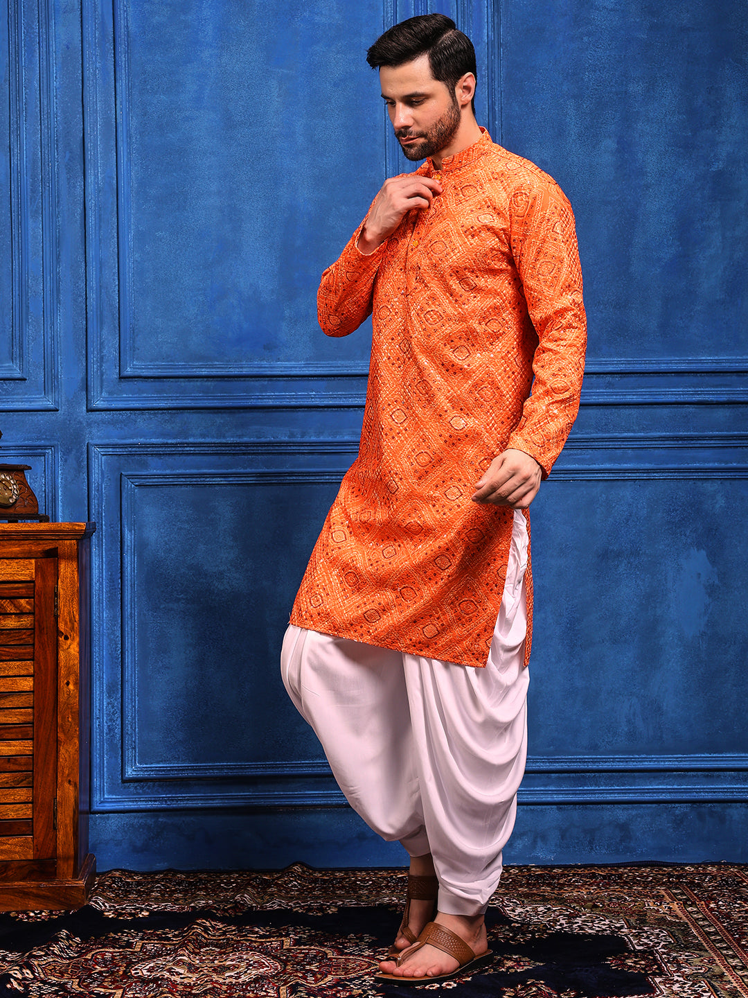 Orange Bandhani Printed Kurta Plus Dupatta Set