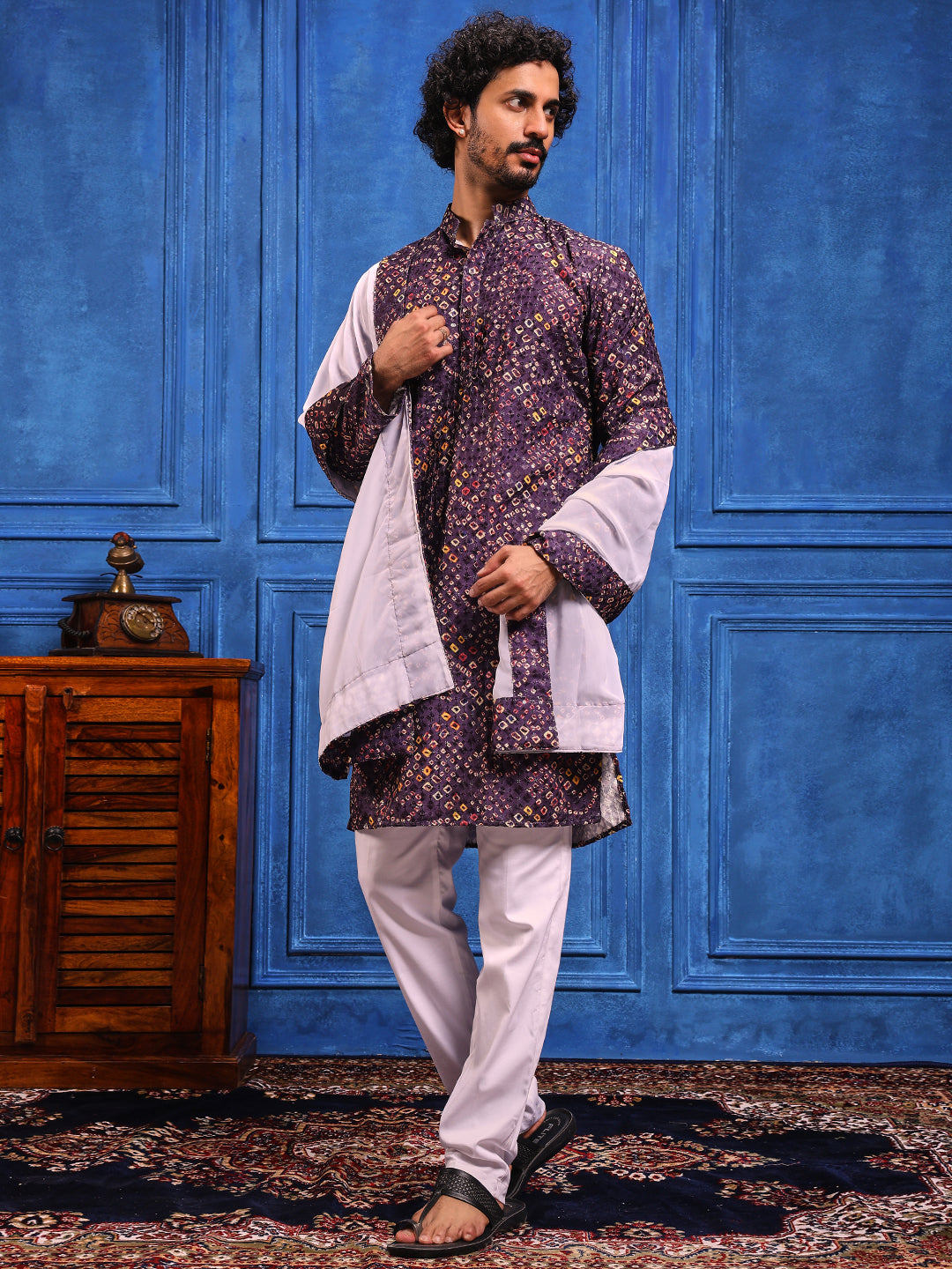 Wine Multicolored Bandhani Printed Kurta Plus Dupatta Set