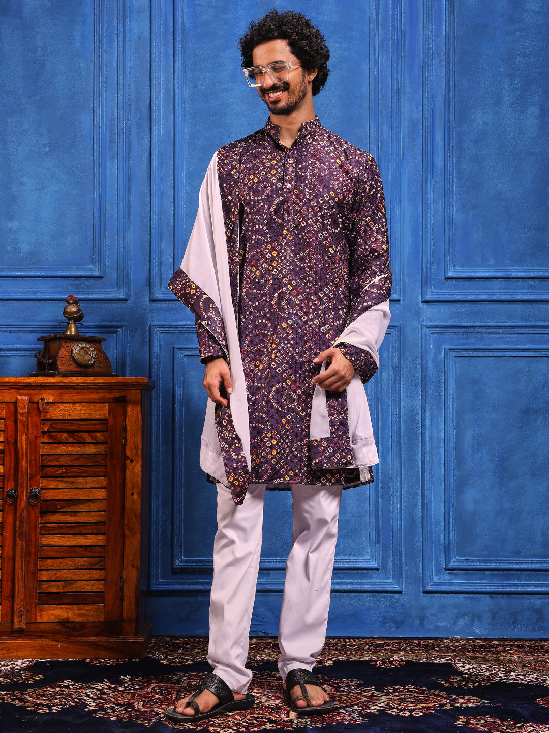 Wine Multicolored Bandhani Printed Kurta Plus Dupatta Set