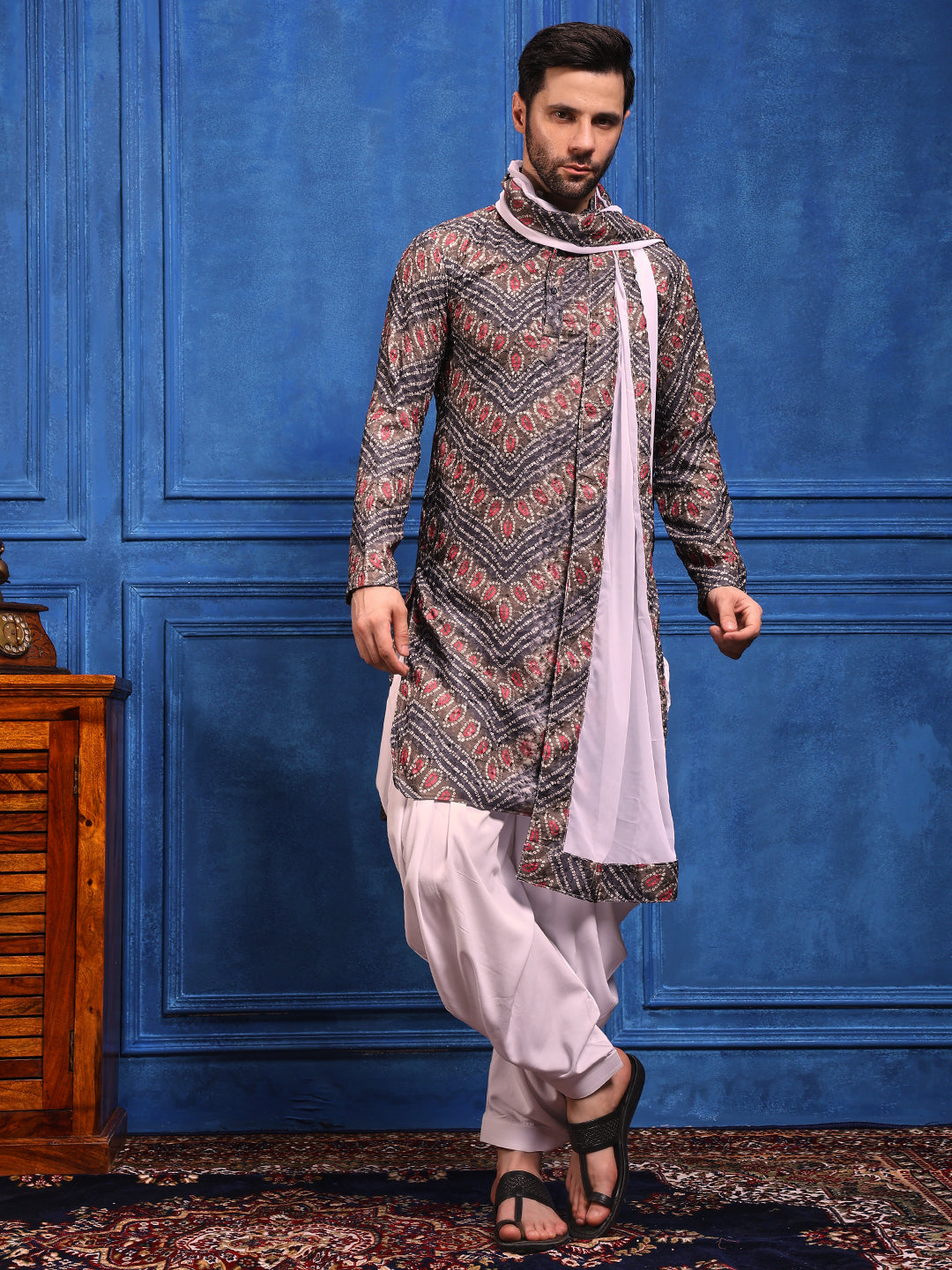 Grey Bandhani Printed Kurta Plus Dupatta Set